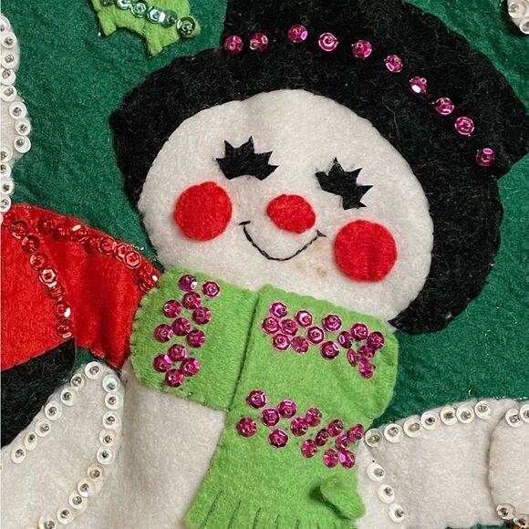 Bucilla Jeweled Christmas Tree Skirt Vintage Noel Handmade Santa Snowman Green - Picture 12 of 13